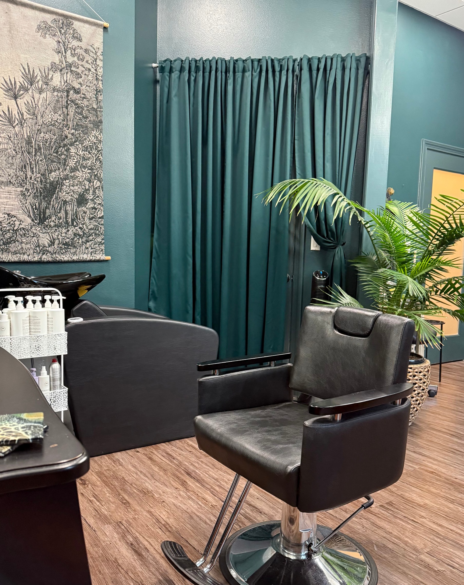 Shampoo bowl and styling station at Spring Factor Studio