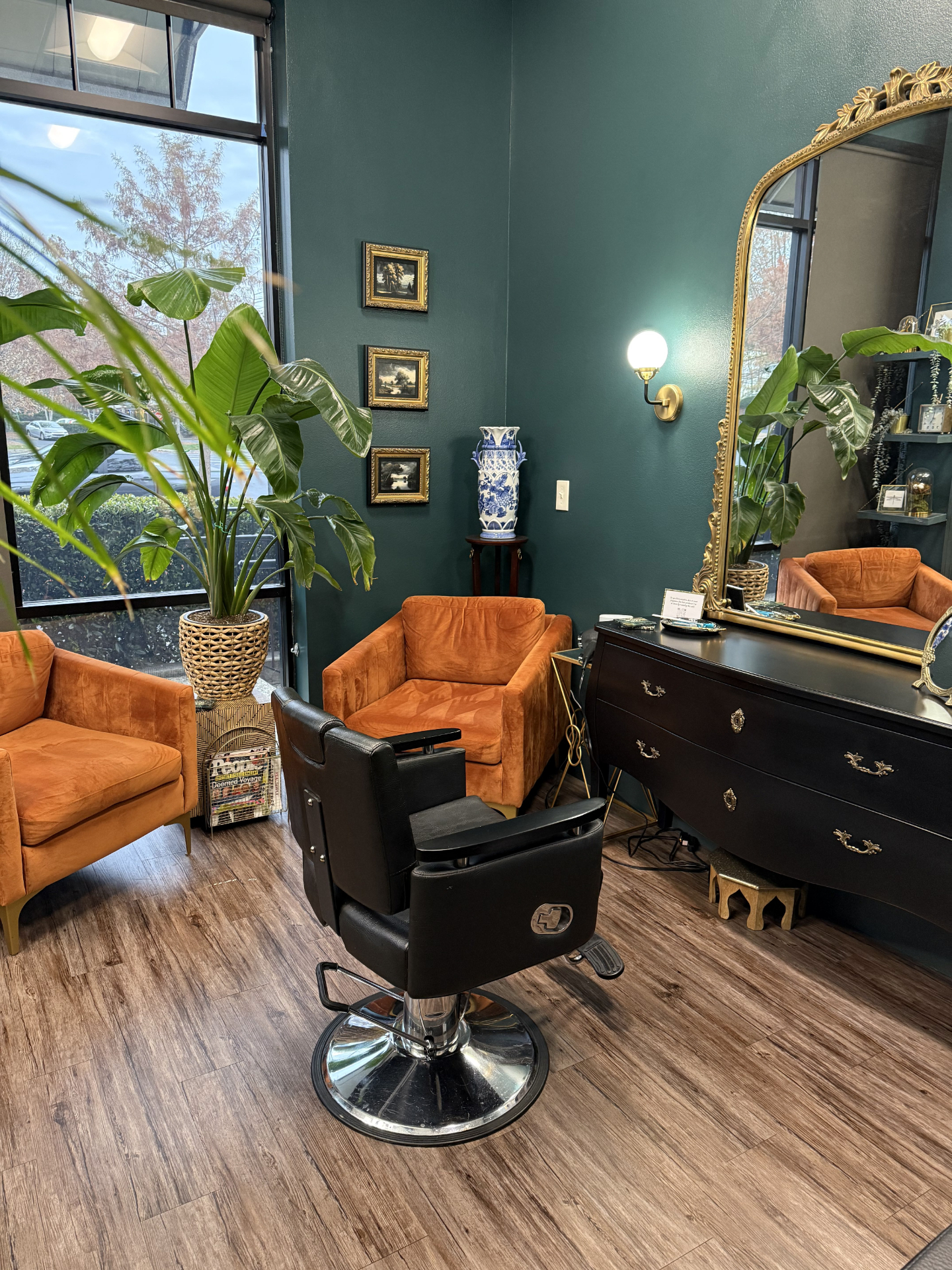 Styling chair with vintage gold mirror at Spring Factor Studio